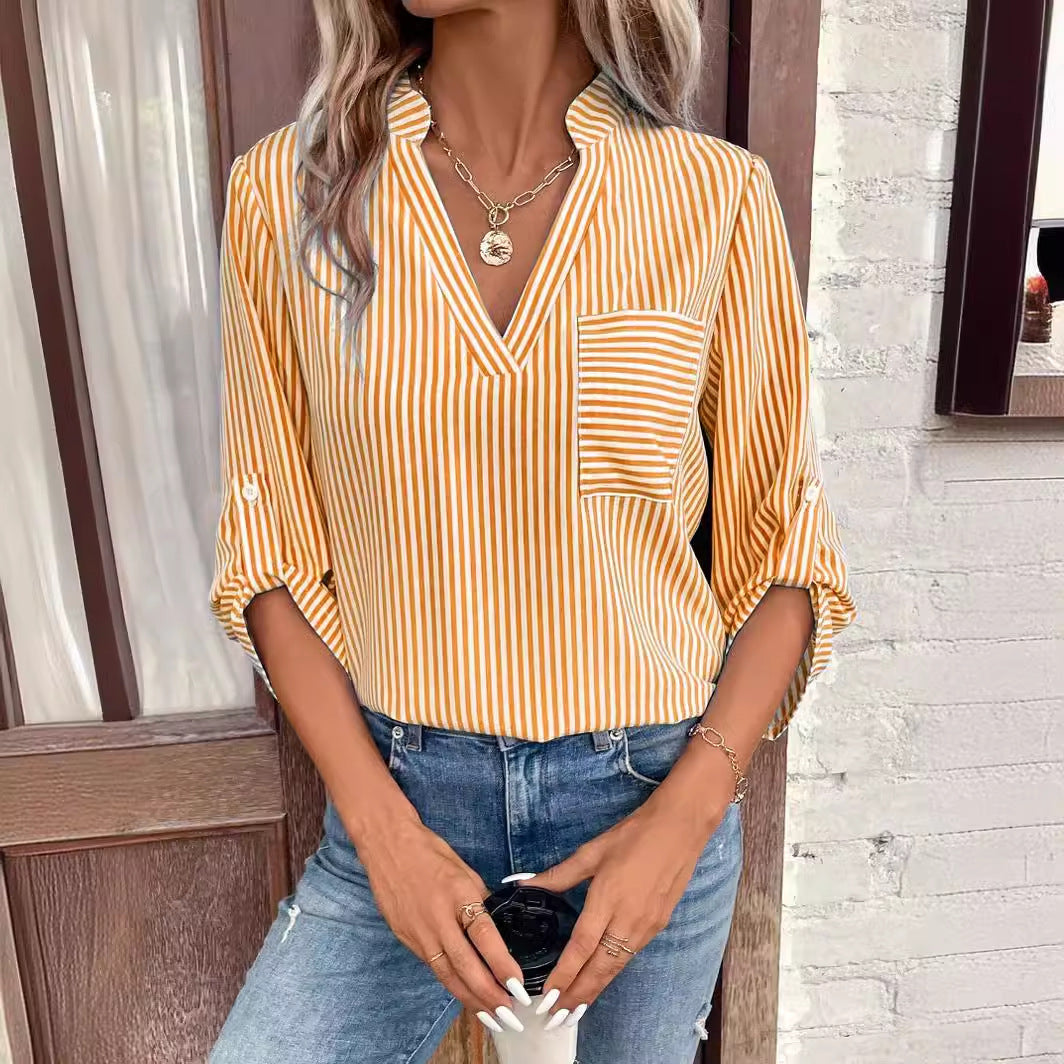 V-neck Striped Printed Long Sleeves