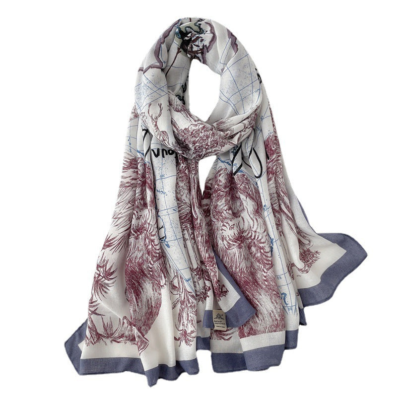 New Cotton And Linen Scarf National Style Long Large Size Shawl Thin Autumn And Winter Scarf Women's Simple Line Map Pattern