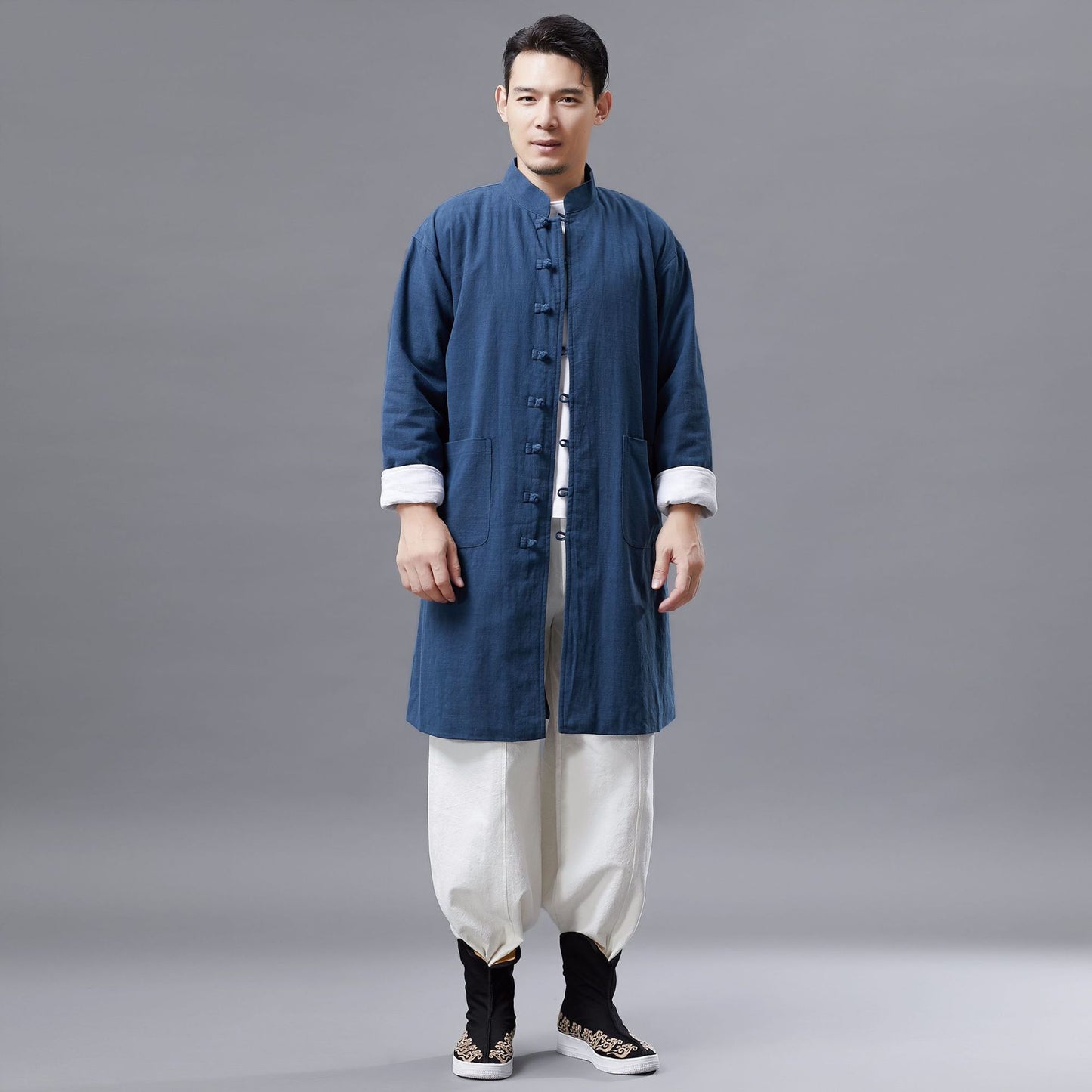 Cotton and Linen Windbreaker Mid-length Stand-Collar Men's Windbreaker