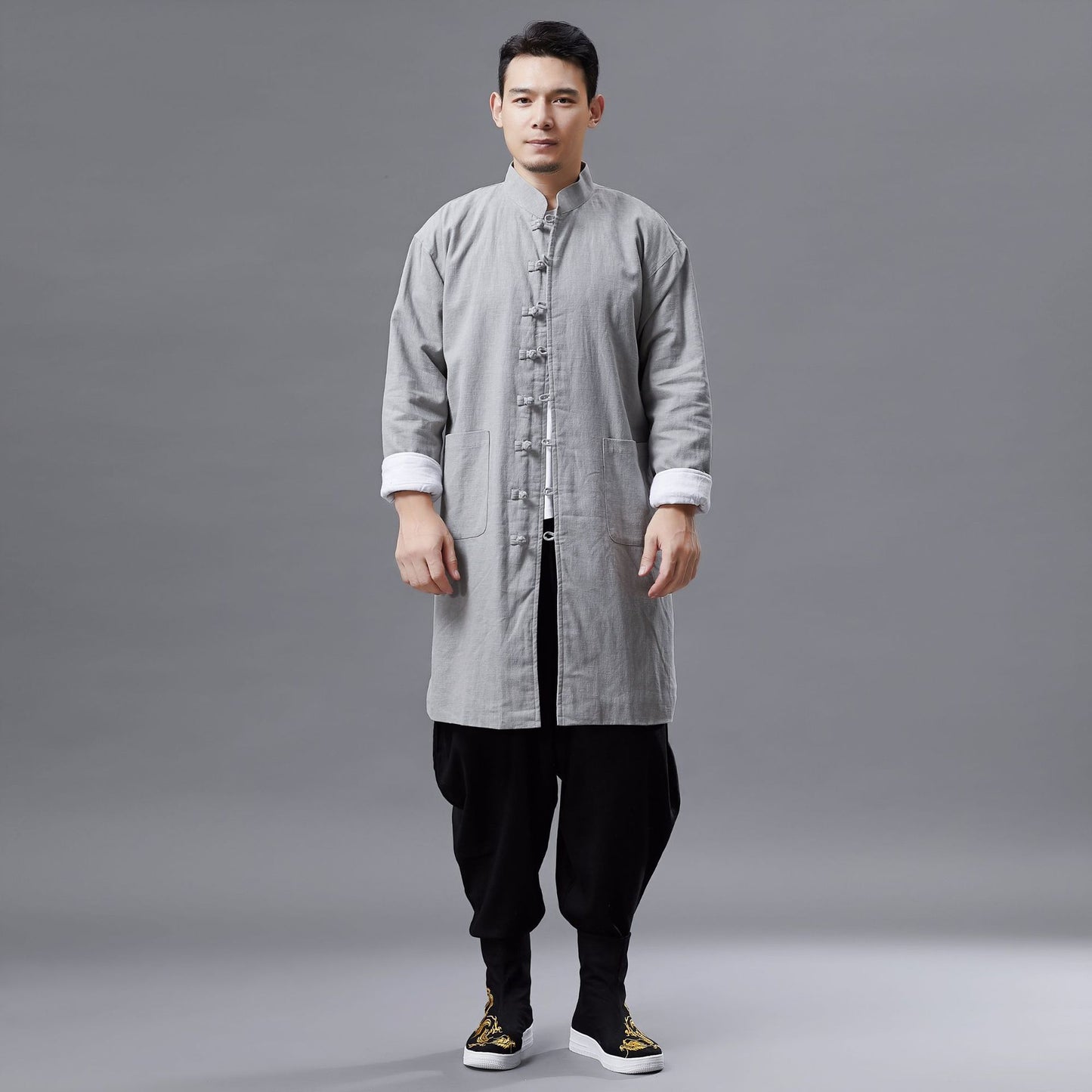 Cotton and Linen Windbreaker Mid-length Stand-Collar Men's Windbreaker