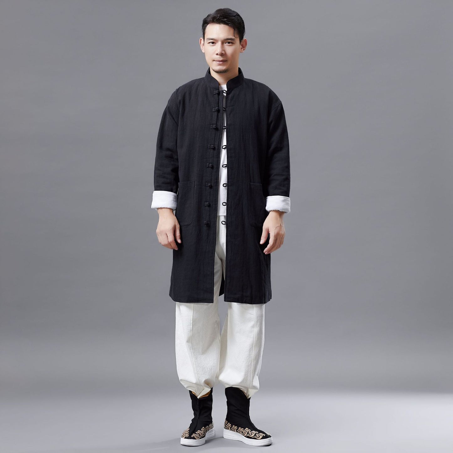 Cotton and Linen Windbreaker Mid-length Stand-Collar Men's Windbreaker