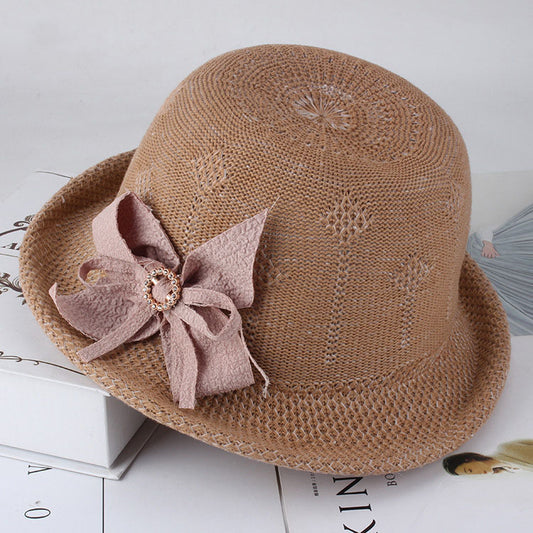 Fashionable Knitted Sun Hat with Flower Accent for Women