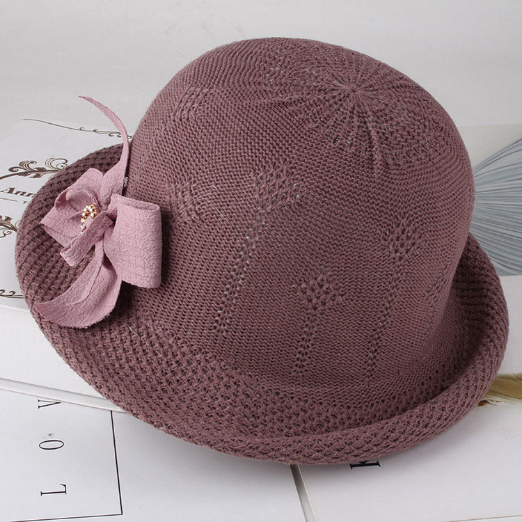 Fashionable Knitted Sun Hat with Flower Accent for Women