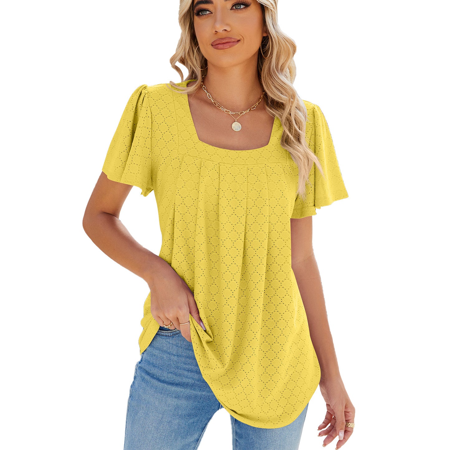 Summer Breeze Pleated Square Neck Tee