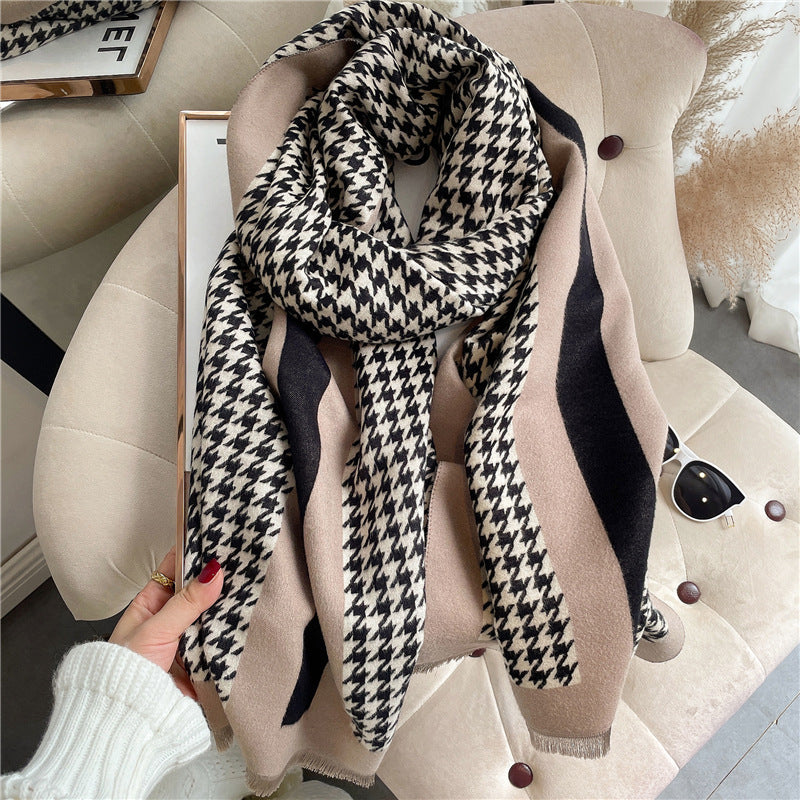 Houndstooth Plaid Scarf Female  Cashmere Big Shawl Thickened To Keep Warm