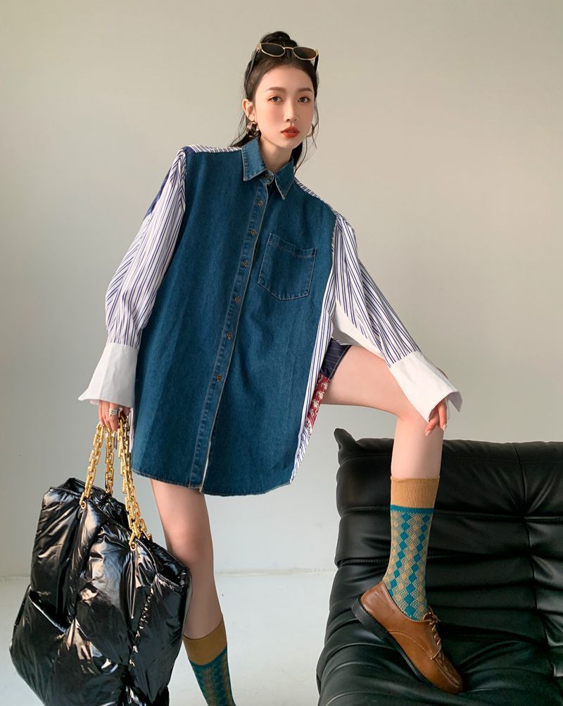 Casual Patchwork Denim Button-Up