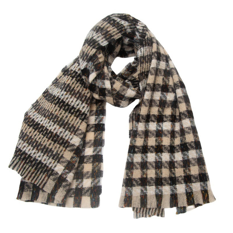 European And American Autumn And Winter Bristle Short Beard Small Plaid Scarf Shawl