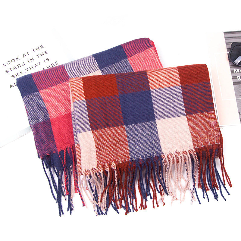 European And American Autumn And Winter Cashmere-like Red Plaid Double-sided Color Plaid Tassel Scarf Women Plus-sized Size Shawl