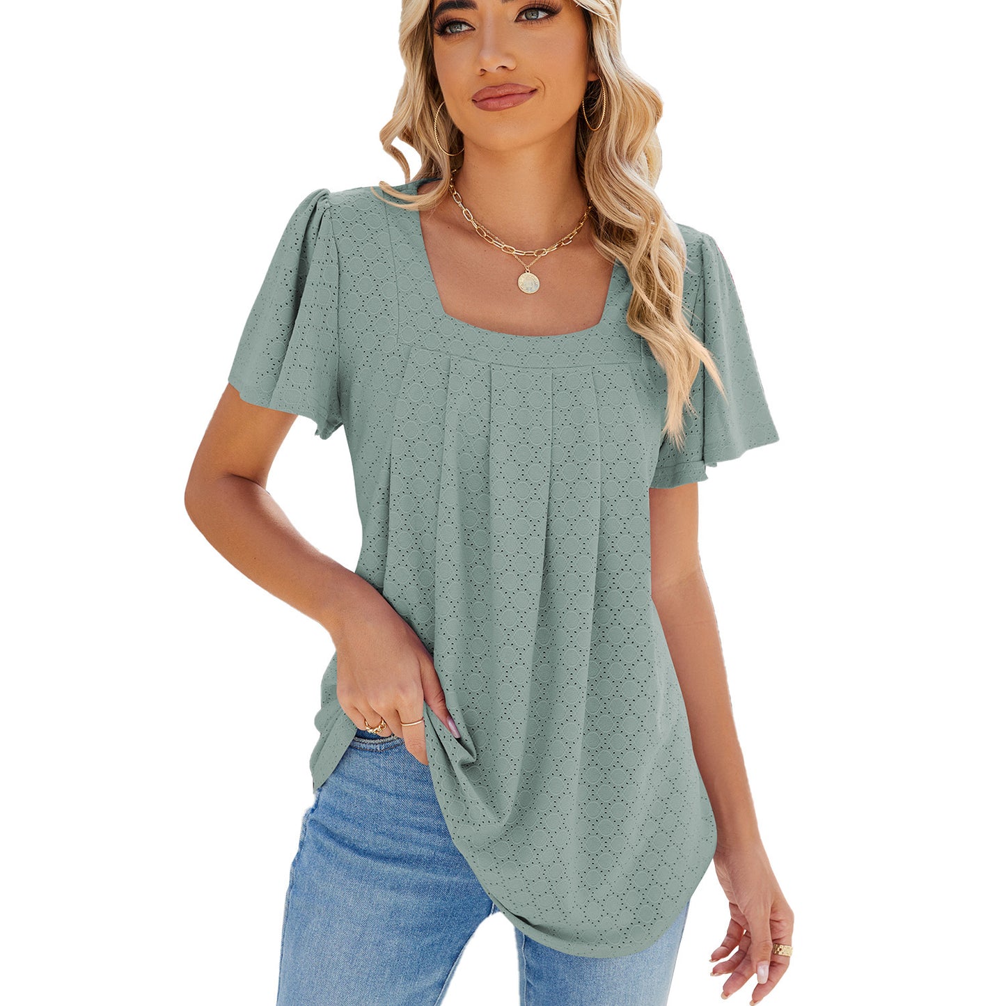 Summer Breeze Pleated Square Neck Tee