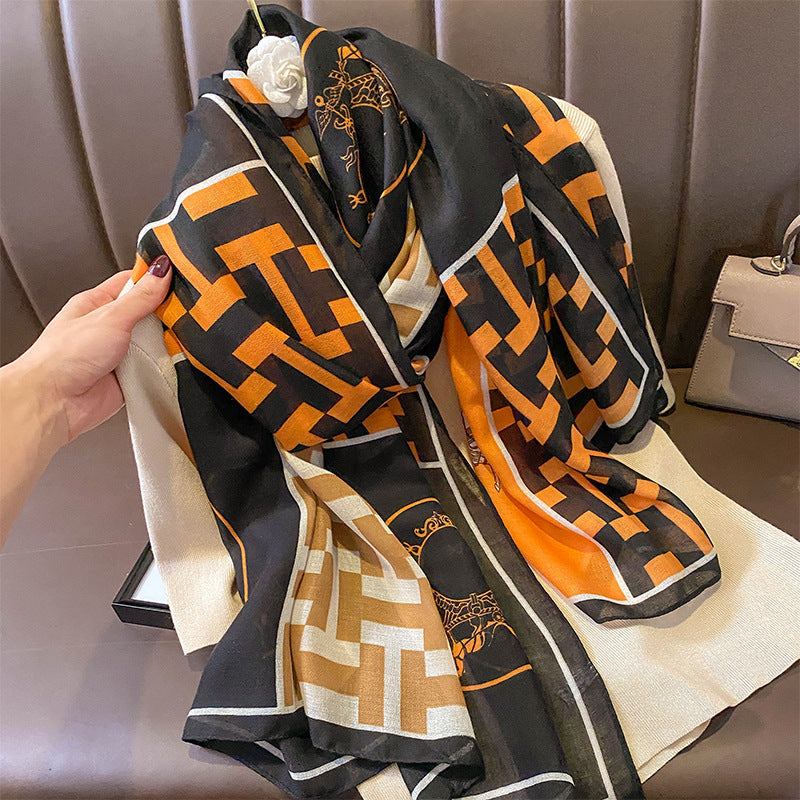 Retro Style Stitching Contrast Color Cotton And Linen Feel Scarf Silk Scarf Outer Shawl Dual-use