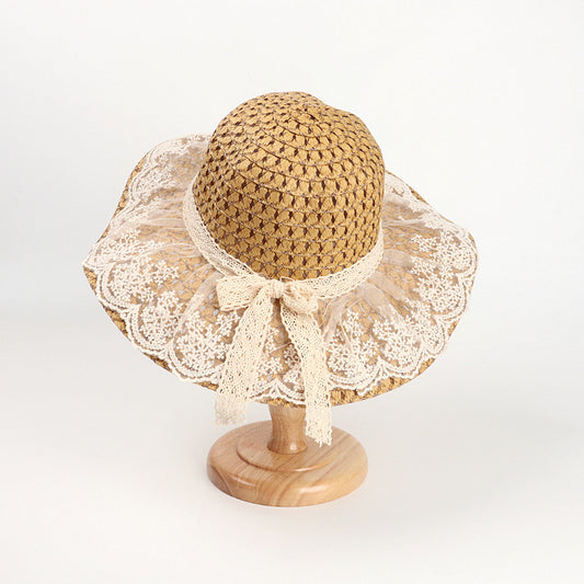 Lace Elegance Wide Brim Straw Sun Hat