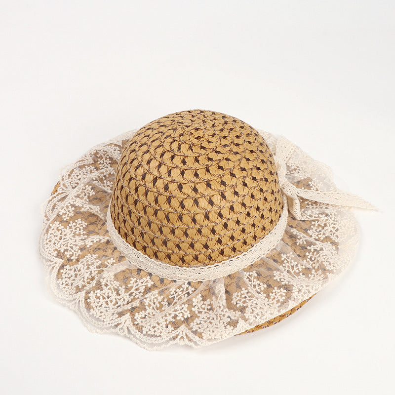 Lace Elegance Wide Brim Straw Sun Hat