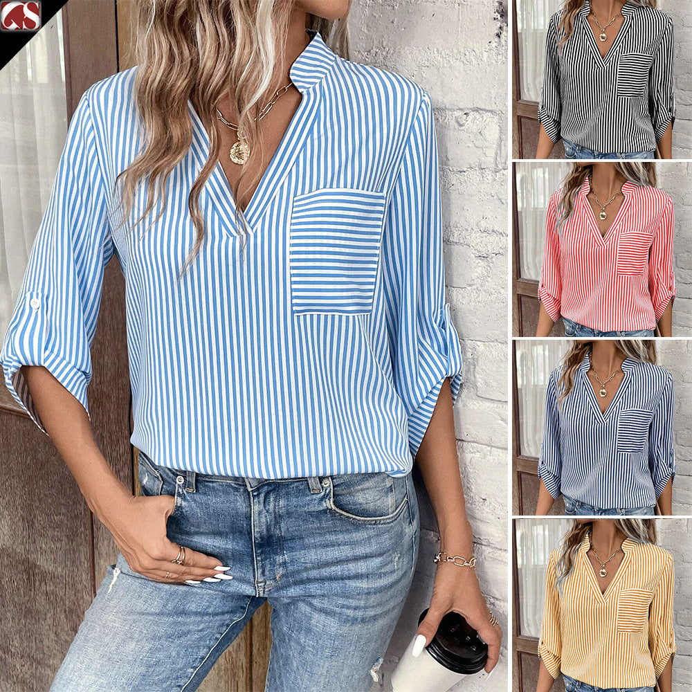 V-neck Striped Printed Long Sleeves