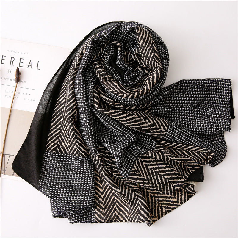 Korean New Patchwork Plaid Cotton And Linen Scarf Soft Summer Travel Sun Protection Multifunctional Long Shawl For Ladies