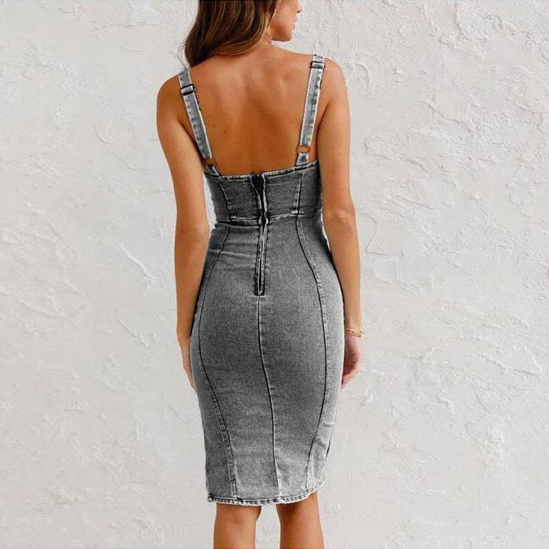 U-Neck Slim Fit Denim Slit Dress