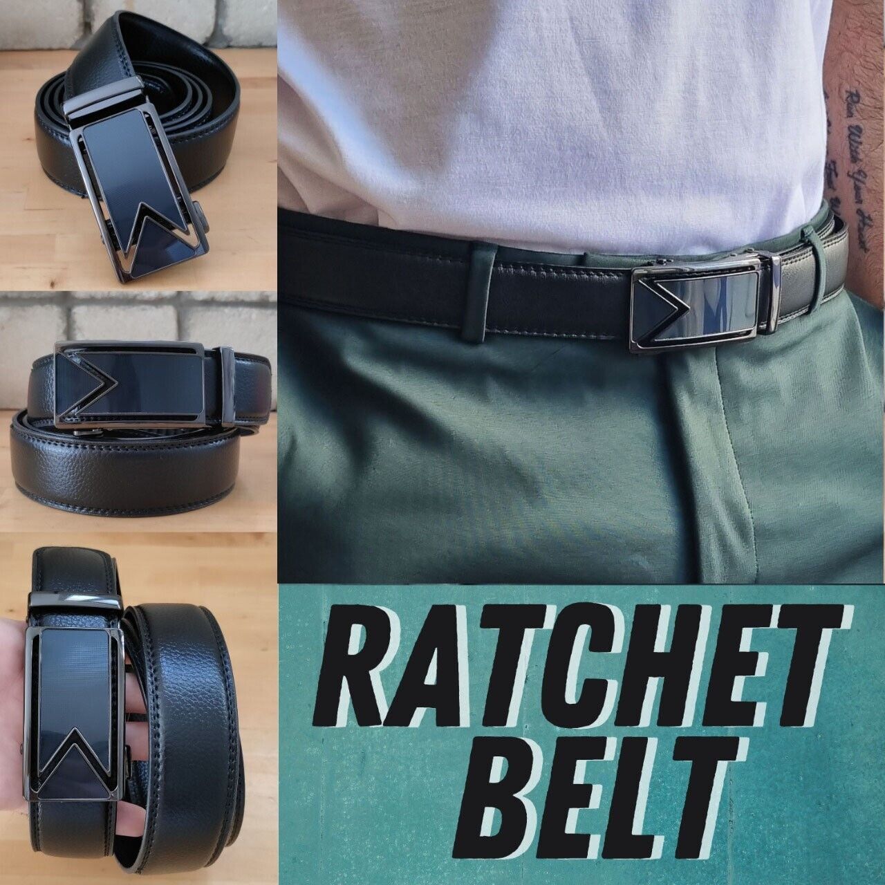 Adjustable Leather Ratchet Belt with Automatic Buckle