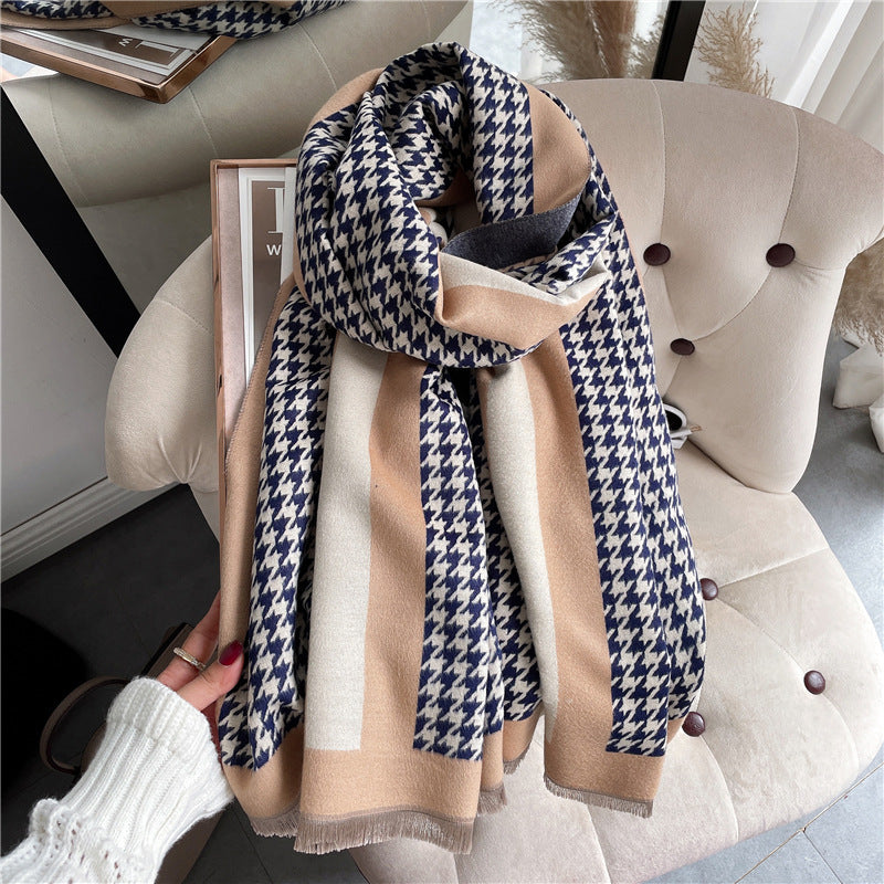 Houndstooth Plaid Scarf Female  Cashmere Big Shawl Thickened To Keep Warm