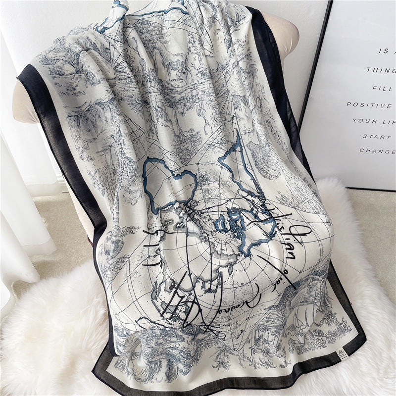 New Cotton And Linen Scarf National Style Long Large Size Shawl Thin Autumn And Winter Scarf Women's Simple Line Map Pattern