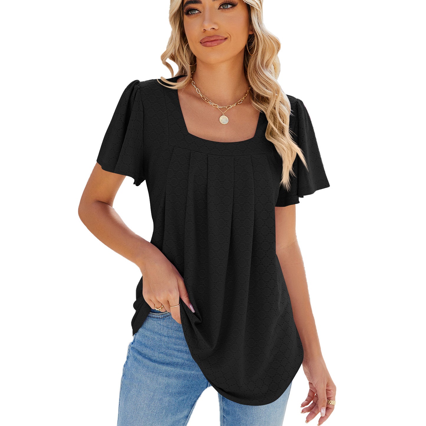 Summer Breeze Pleated Square Neck Tee