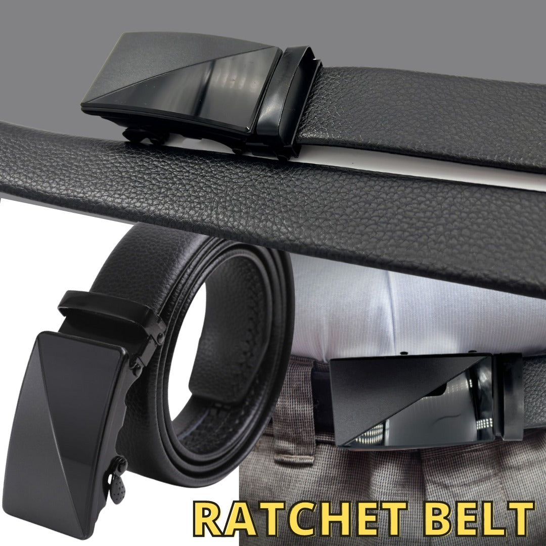 Classic Black Microfiber PU Leather Ratchet Belt with Adjustable Buckle