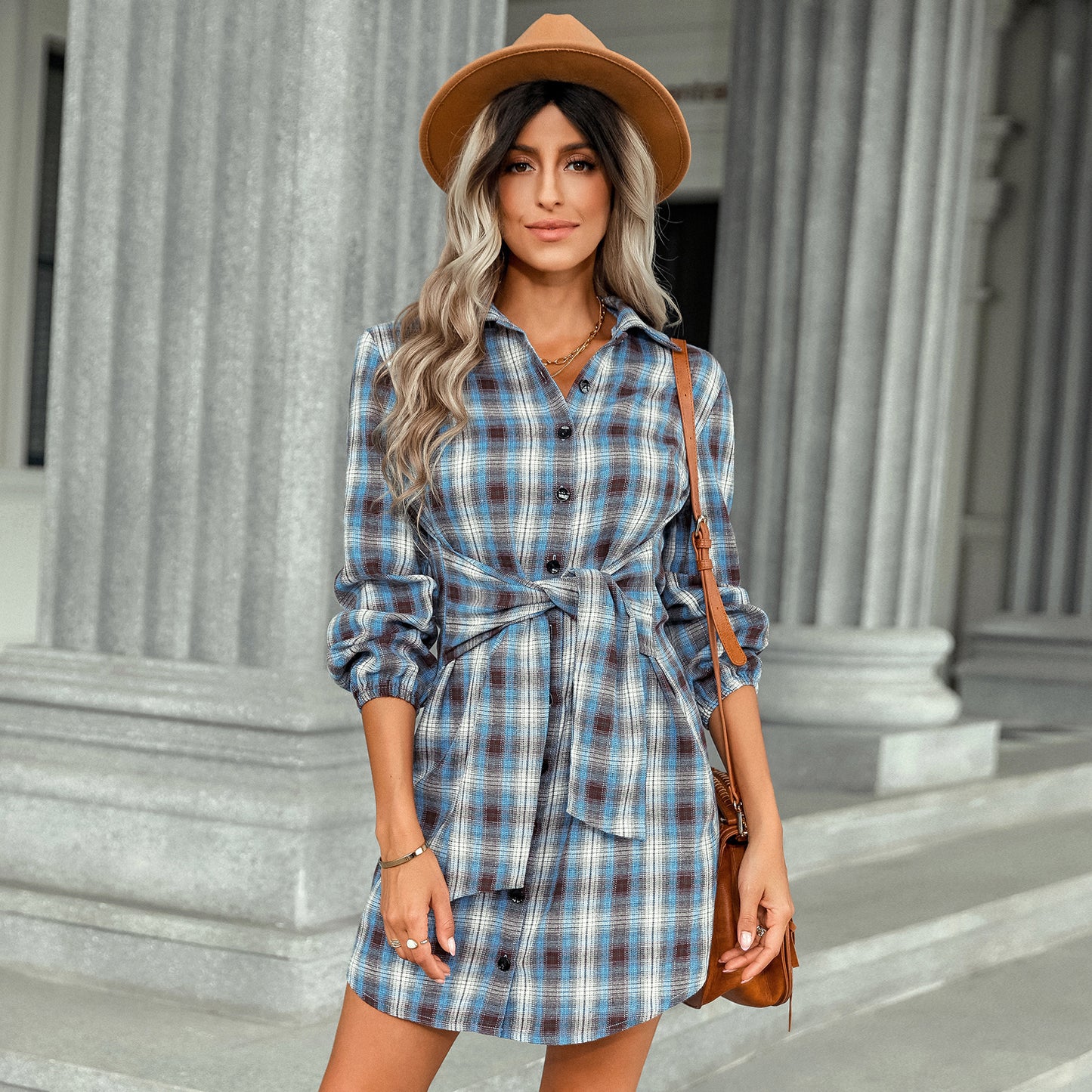 Women's Clothing Foreign Trade Fashion Plaid Drawstring Waist-tight Dress