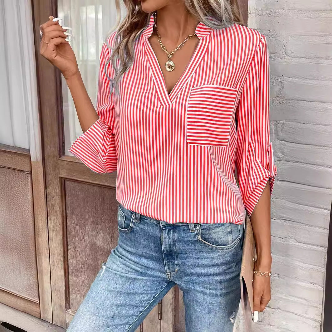 V-neck Striped Printed Long Sleeves