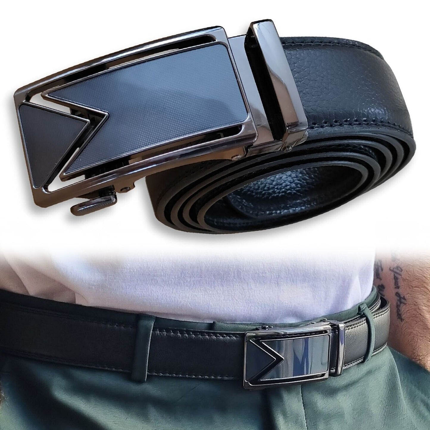 Adjustable Leather Ratchet Belt with Automatic Buckle