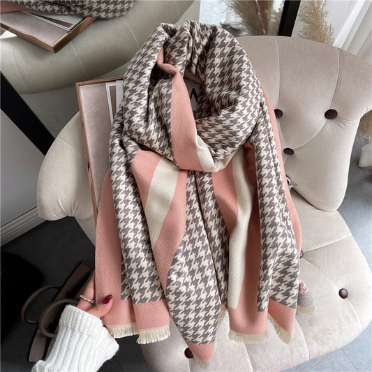 Houndstooth Plaid Scarf Female  Cashmere Big Shawl Thickened To Keep Warm