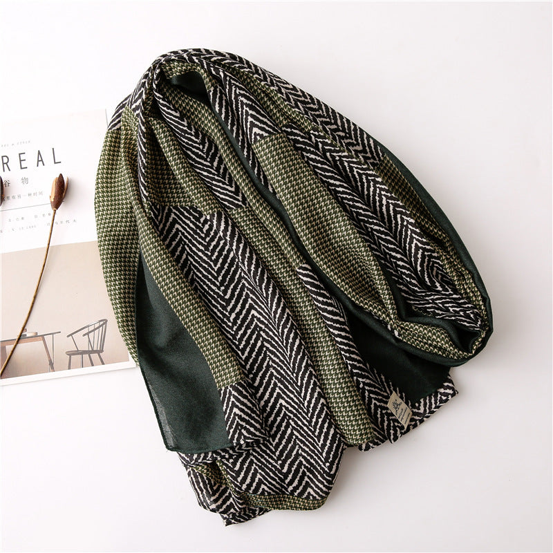 Korean New Patchwork Plaid Cotton And Linen Scarf Soft Summer Travel Sun Protection Multifunctional Long Shawl For Ladies