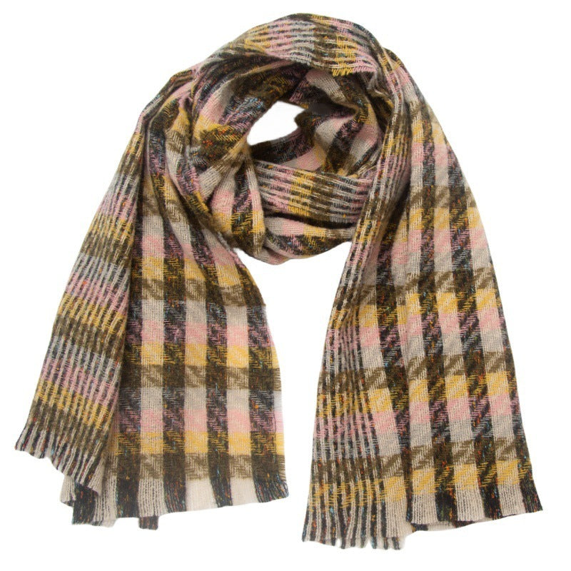 European And American Autumn And Winter Bristle Short Beard Small Plaid Scarf Shawl