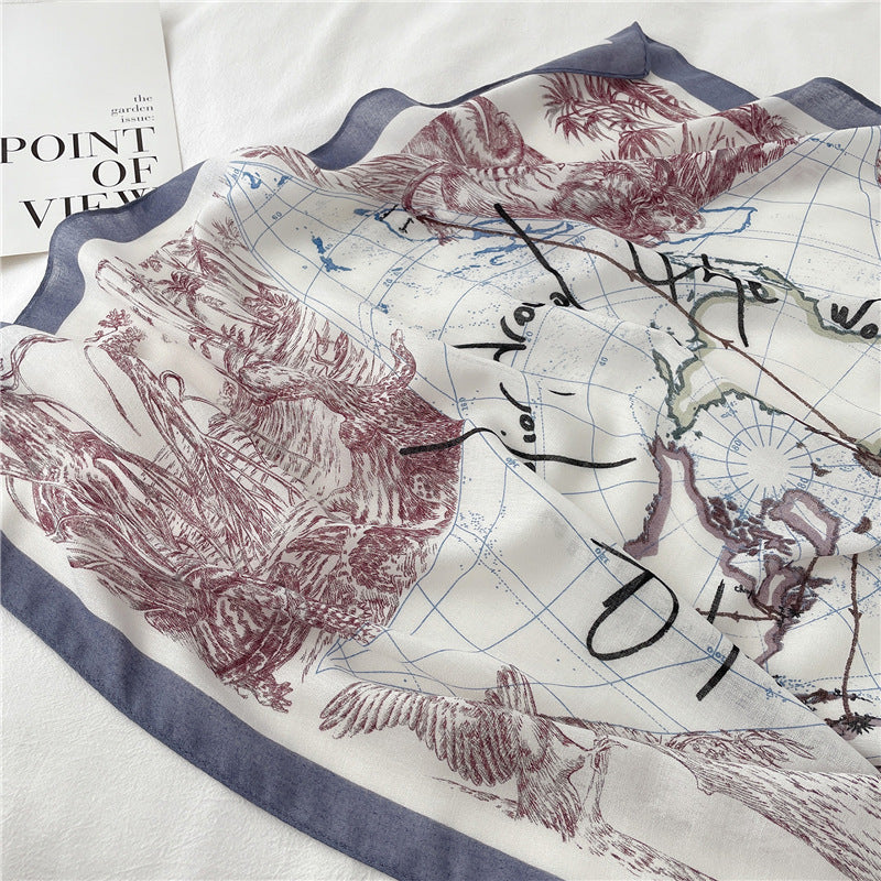 New Cotton And Linen Scarf National Style Long Large Size Shawl Thin Autumn And Winter Scarf Women's Simple Line Map Pattern