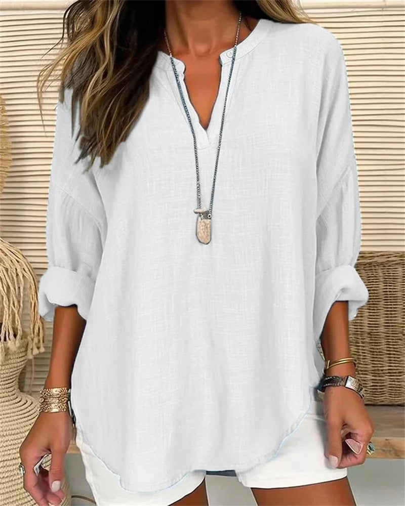 Casual Cotton-Linen Stand Collar Blouse