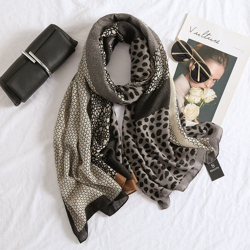 New Leopard Print Cotton And Linen Feel Scarf Women's Winter All-matching Long Warm Shawl Dual-use Beach Towel