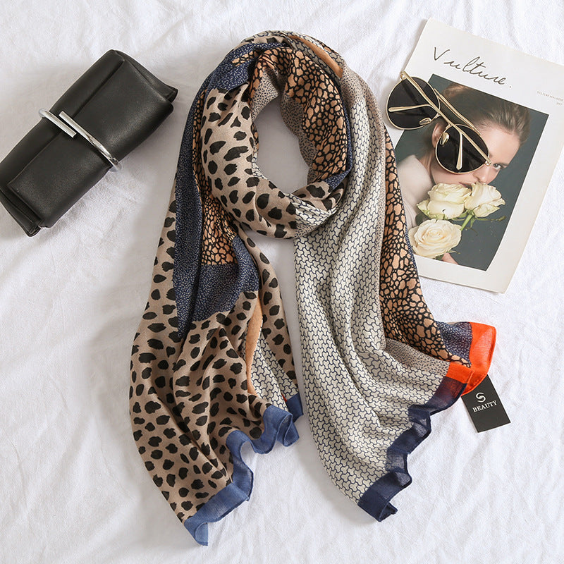 New Leopard Print Cotton And Linen Feel Scarf Women's Winter All-matching Long Warm Shawl Dual-use Beach Towel