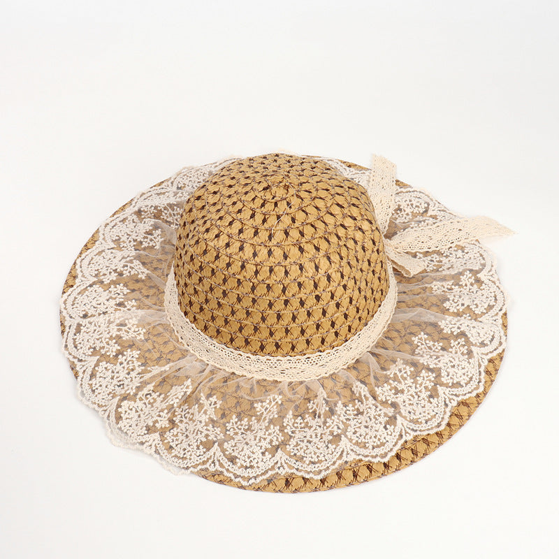 Lace Elegance Wide Brim Straw Sun Hat