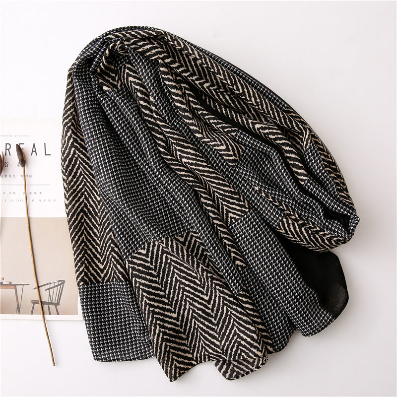 Korean New Patchwork Plaid Cotton And Linen Scarf Soft Summer Travel Sun Protection Multifunctional Long Shawl For Ladies