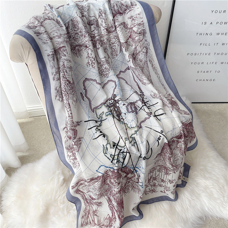 New Cotton And Linen Scarf National Style Long Large Size Shawl Thin Autumn And Winter Scarf Women's Simple Line Map Pattern