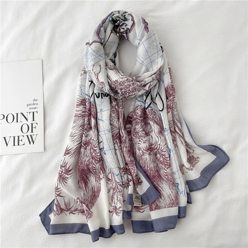 New Cotton And Linen Scarf National Style Long Large Size Shawl Thin Autumn And Winter Scarf Women's Simple Line Map Pattern