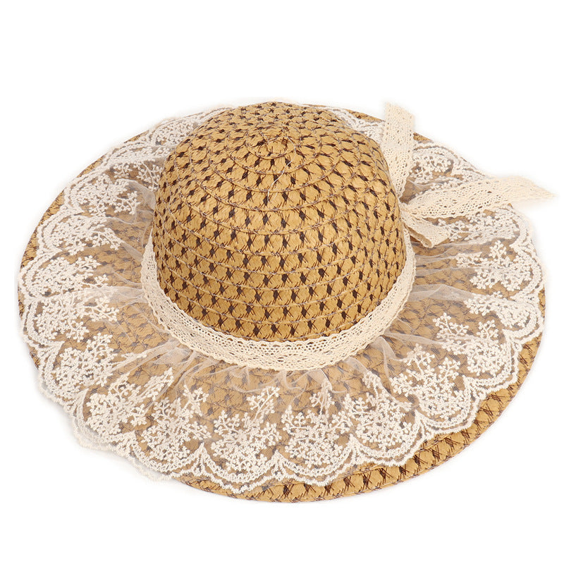 Lace Elegance Wide Brim Straw Sun Hat