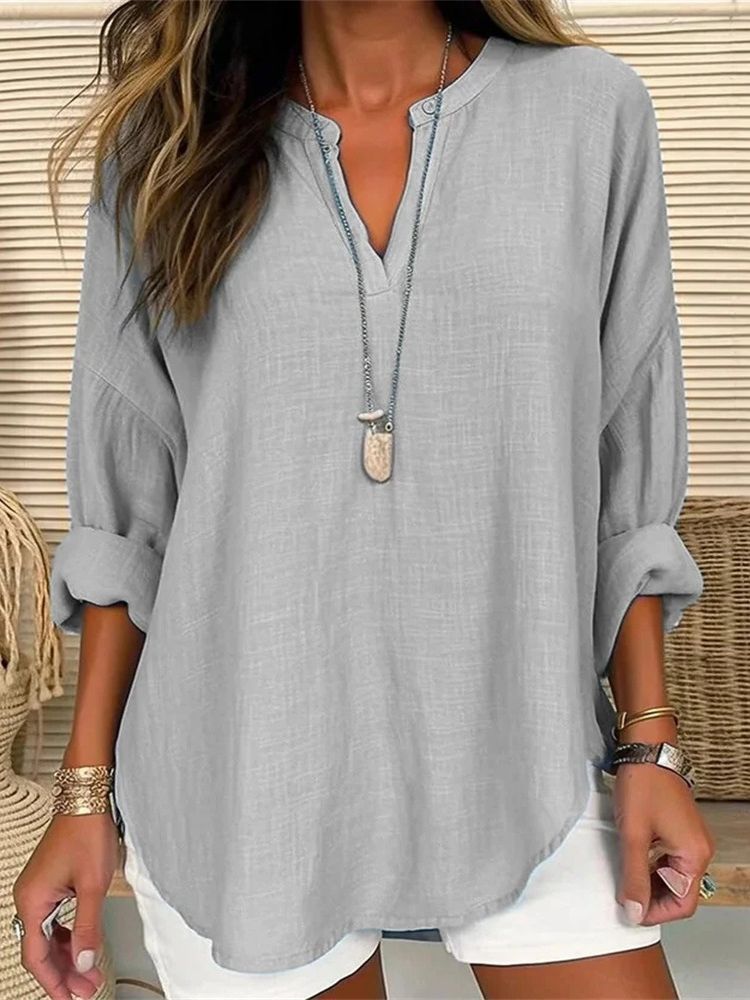 Casual Cotton-Linen Stand Collar Blouse