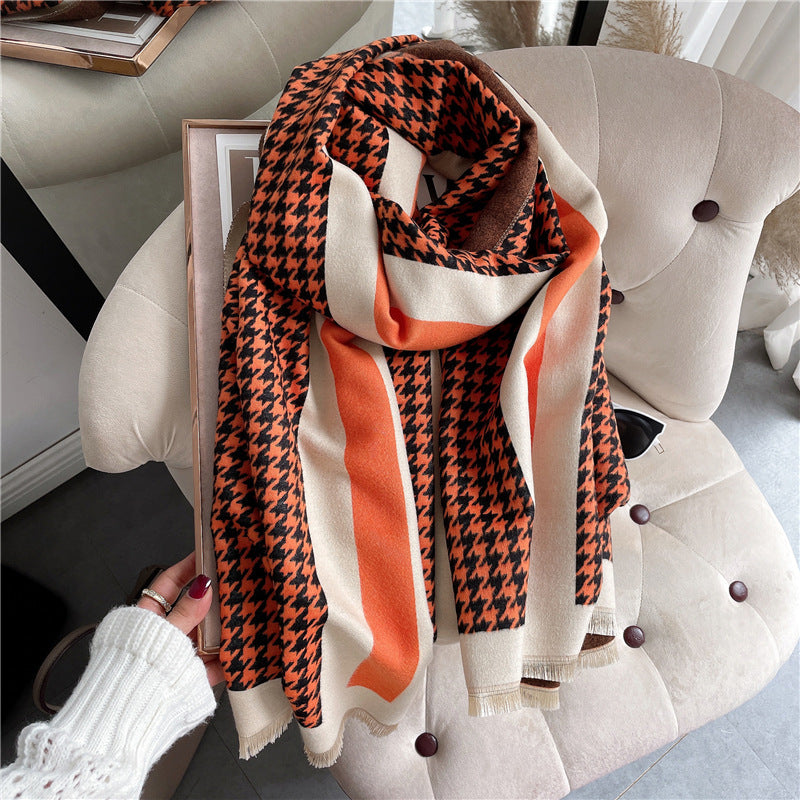 Houndstooth Plaid Scarf Female  Cashmere Big Shawl Thickened To Keep Warm